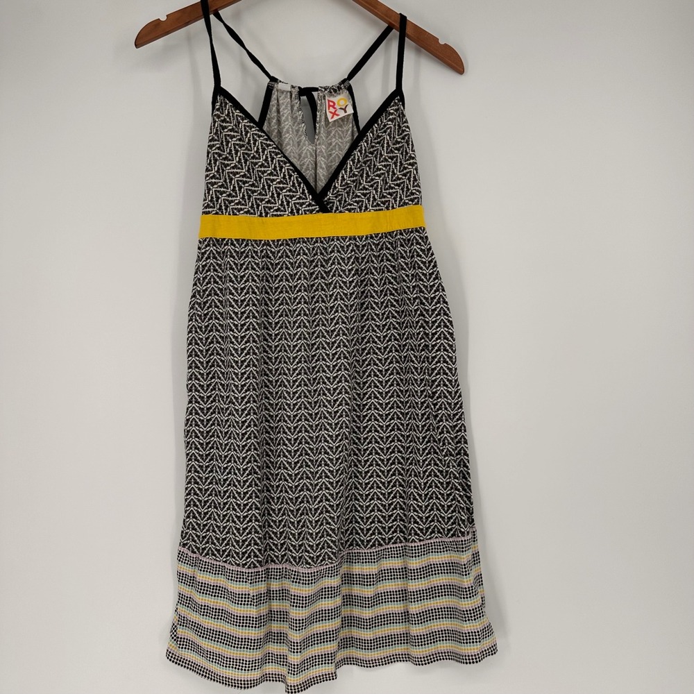 Roxy Sundress Women XL Geometric Print Empire Waist Black White Yellow Summer
